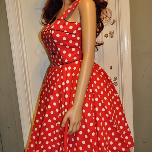 Women's Retro Vintage 1950's Sleeveless Strappy Polkadots Rockabilly Swing Dress - Picture 3 of 6